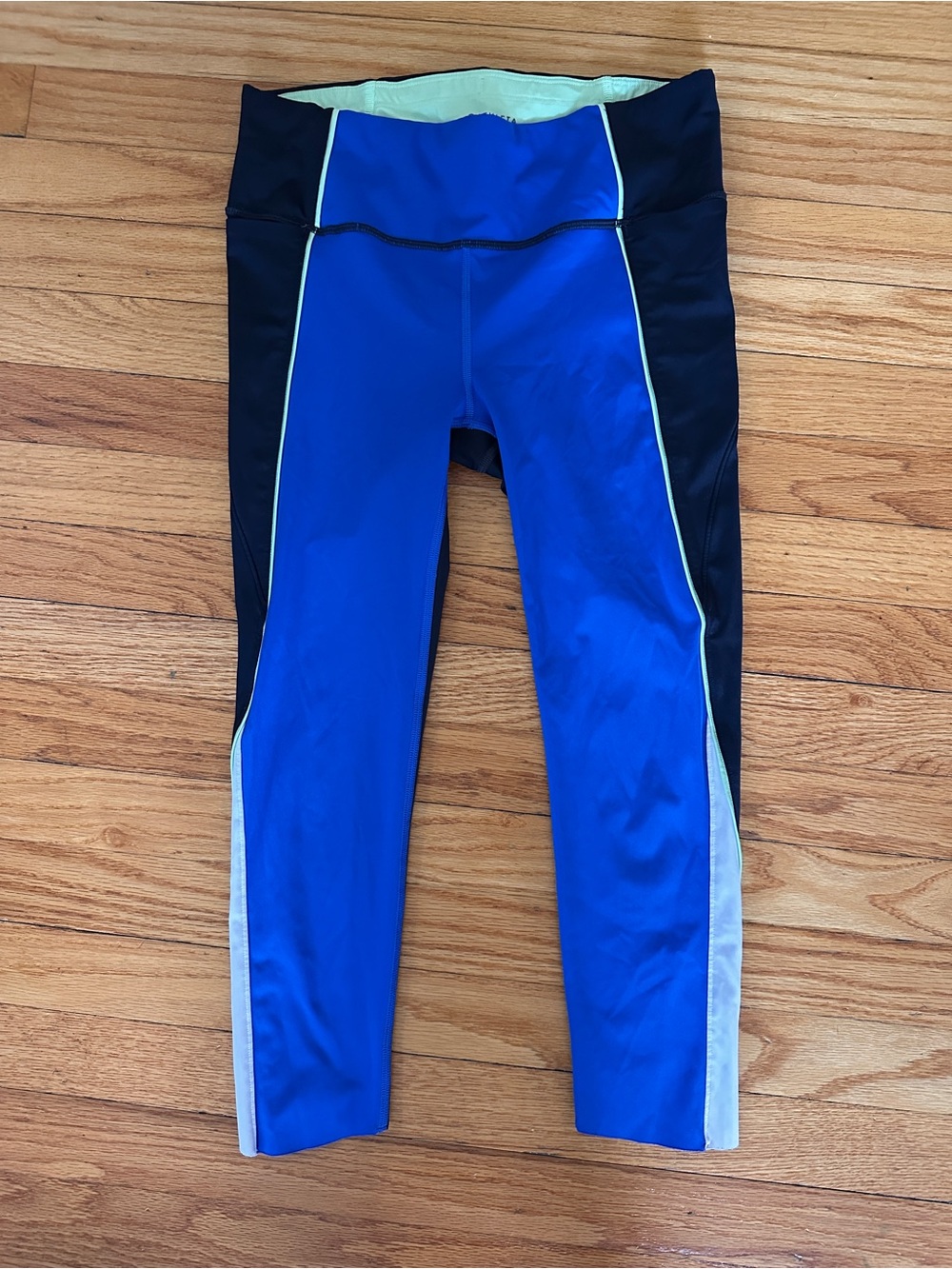 Athleta Velocity Colorblock Capris in Blue and Navy with Green and White Accents